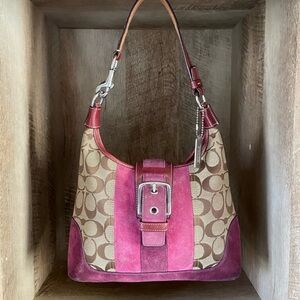 Coach Brown Canvas Purple Leather Suede Hobo Shoulder Bag Purse Buckle G04Q-7053
